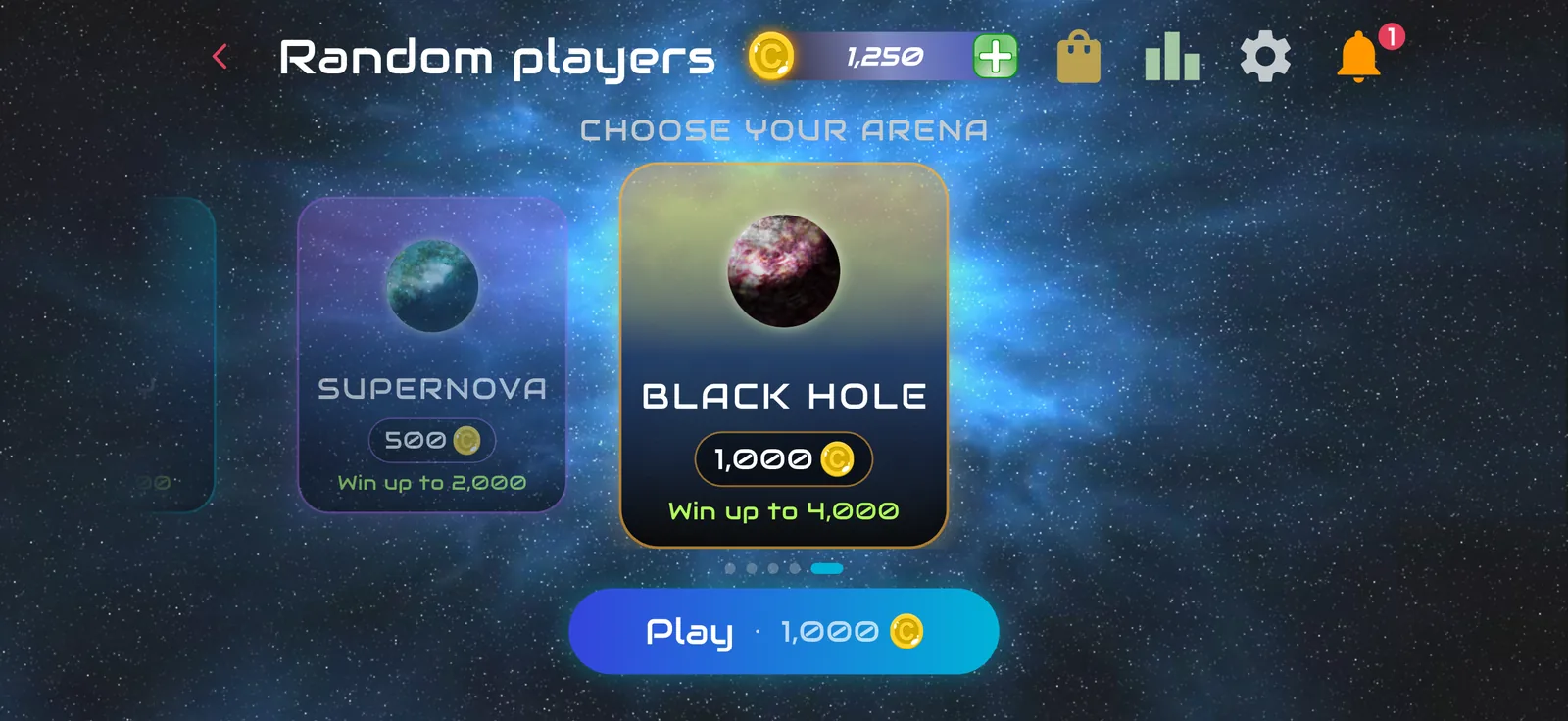 Arena selection with stakes and possible winnings