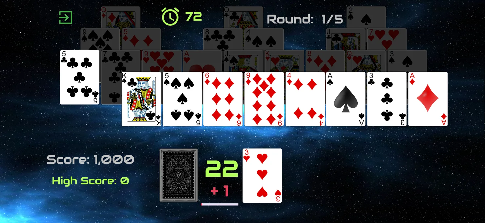 Tri-peaks round in progress with a chain of playable cards